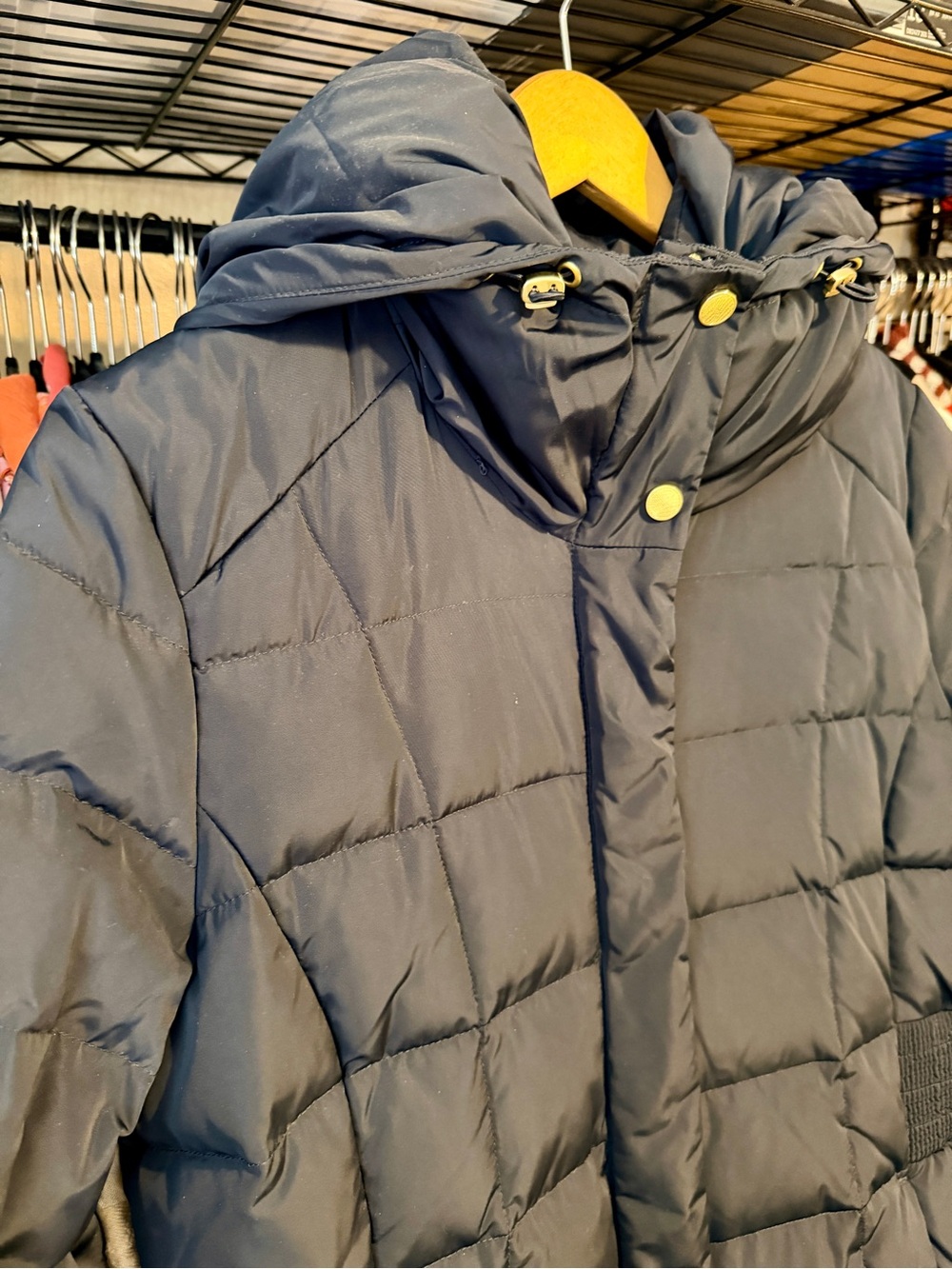 Cole Haan Slate Blue Quilted Long Puffer Coat with Hood - Picture 3 of 13